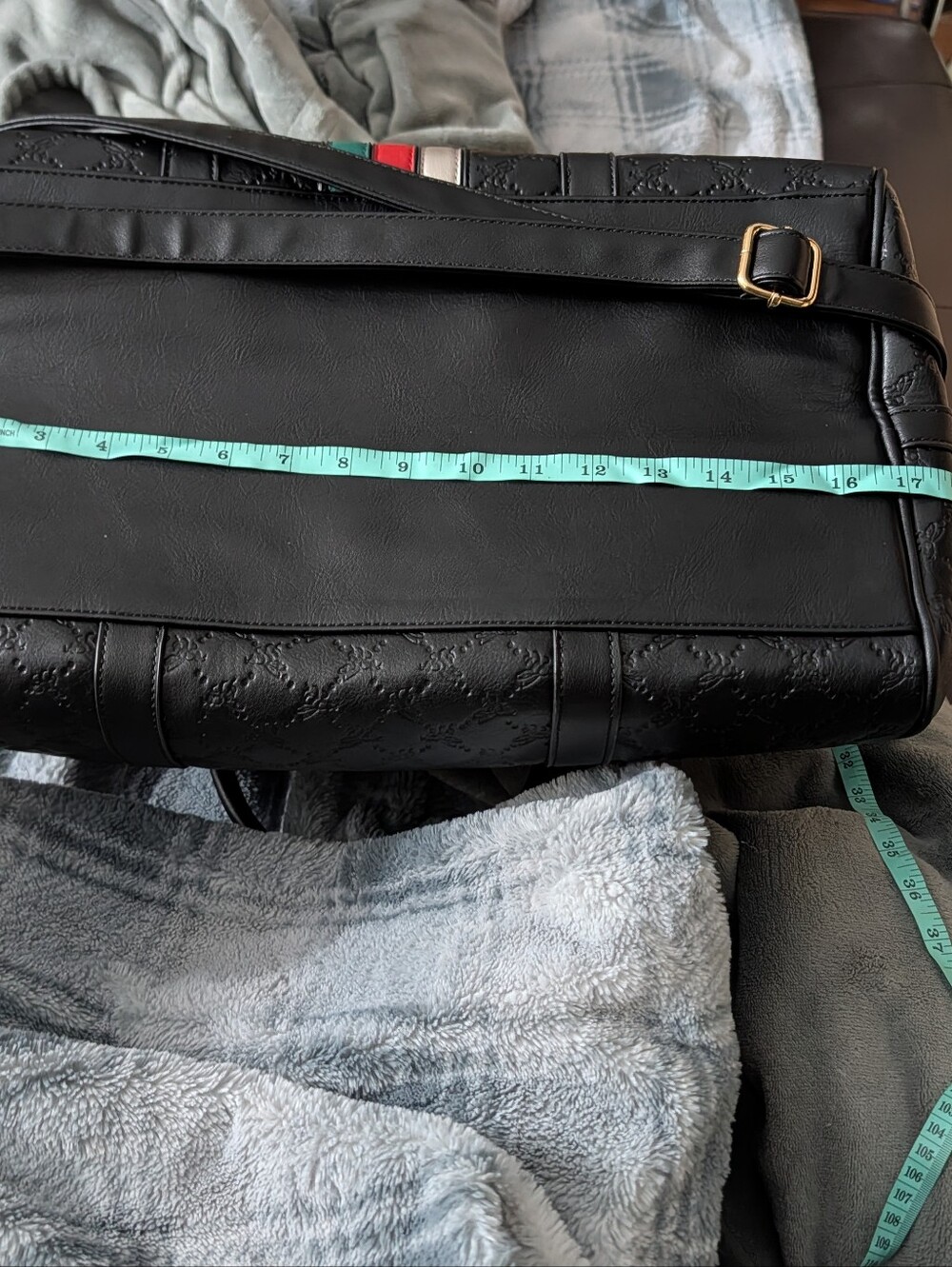 Black Quilted Large Tote/Luggage with Red & Green Stripe and Gold Bee Accent - Picture 8 of 8